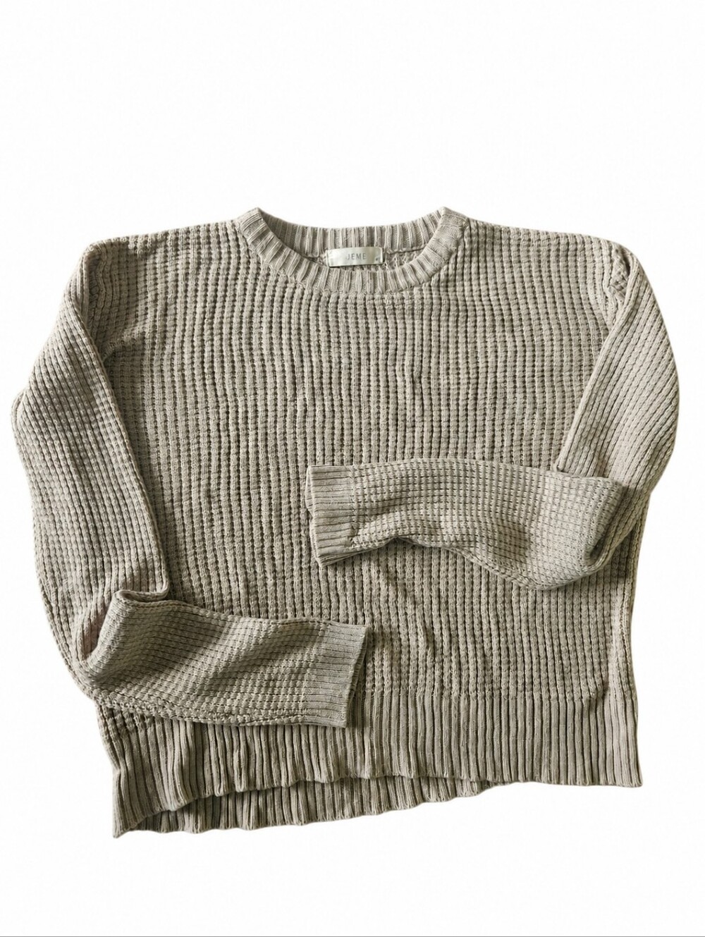 Jeme Womens Crewneck Waffle Knit Sweater in Oatmeal